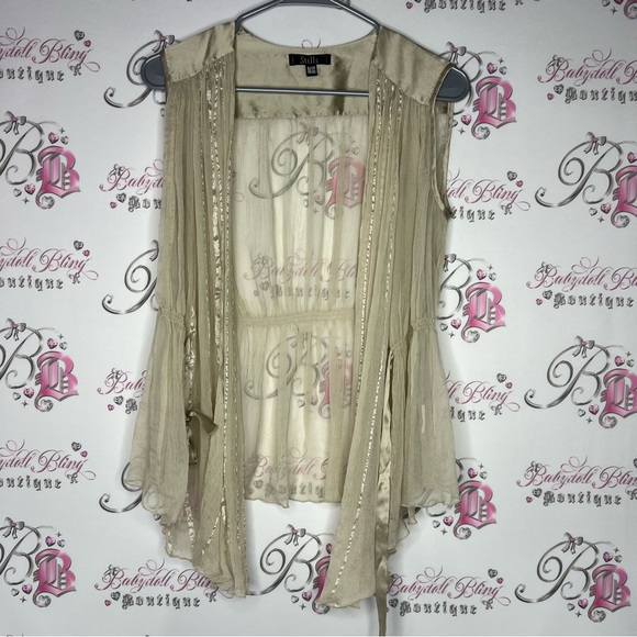 Stills cardigan gold shimmer sheer metallic wrap up vest style tank top shirt - Picture 3 of 7